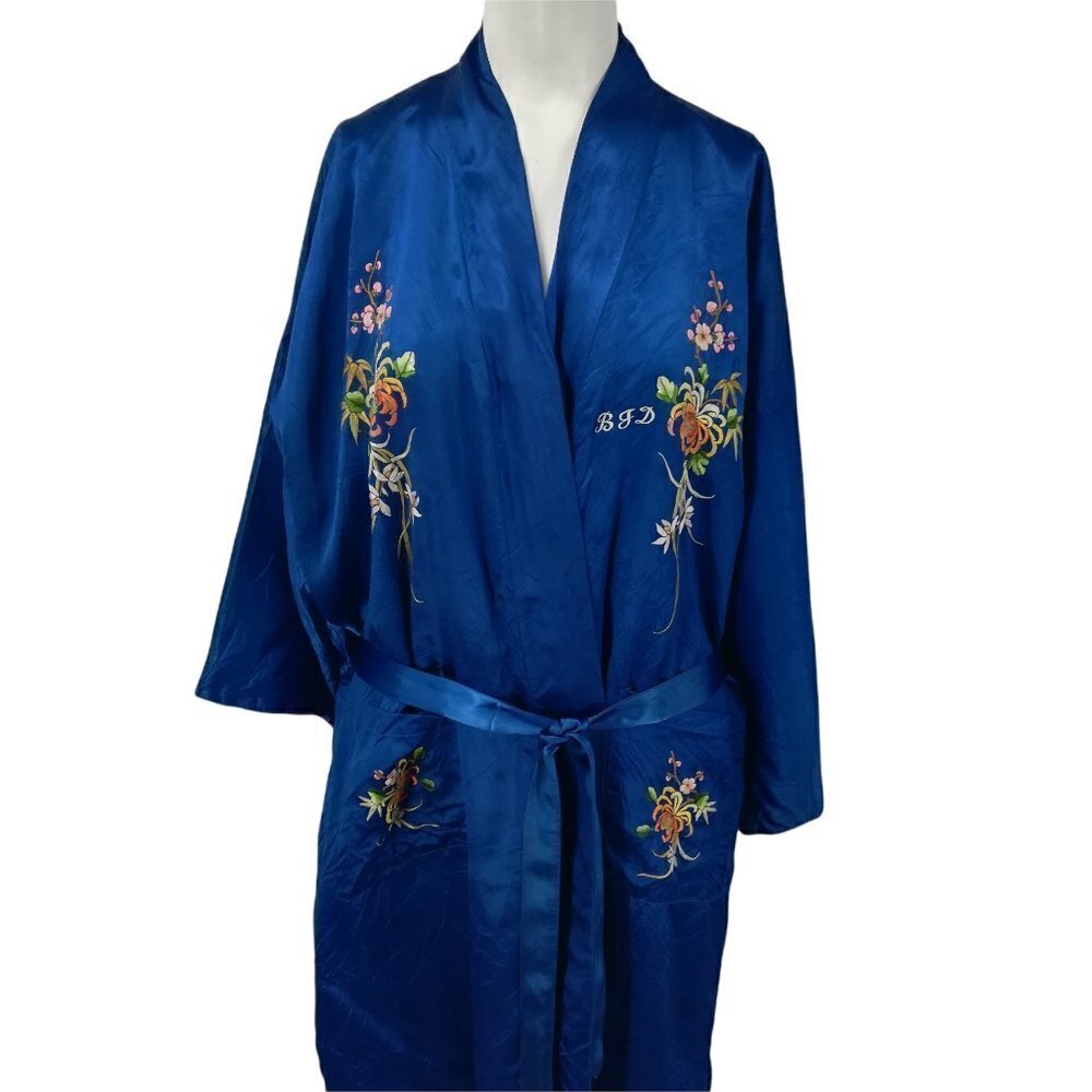 Vintage Silky Kimono Robe Size XL Embroidered Flowers BJD Smoking Jacket Asian - Picture 7 of 12